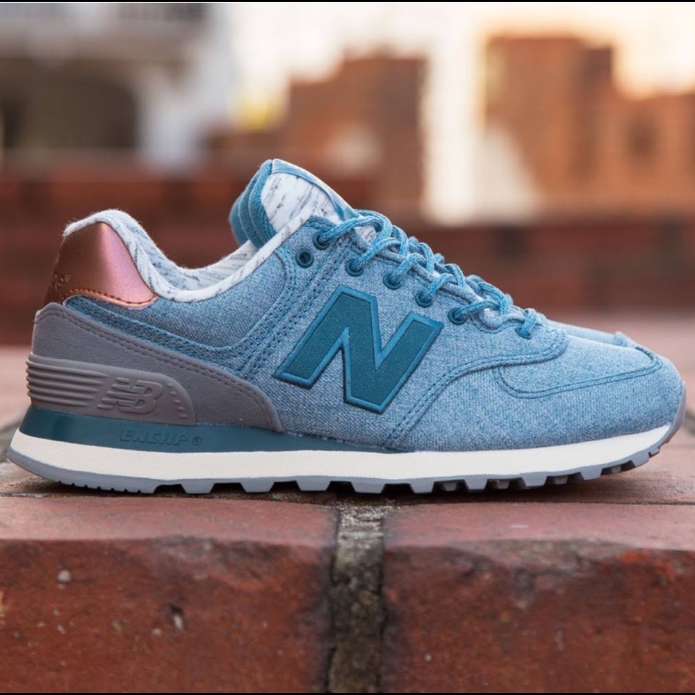 New Balance 574 Women 8.5 - Denim & Rose Gold